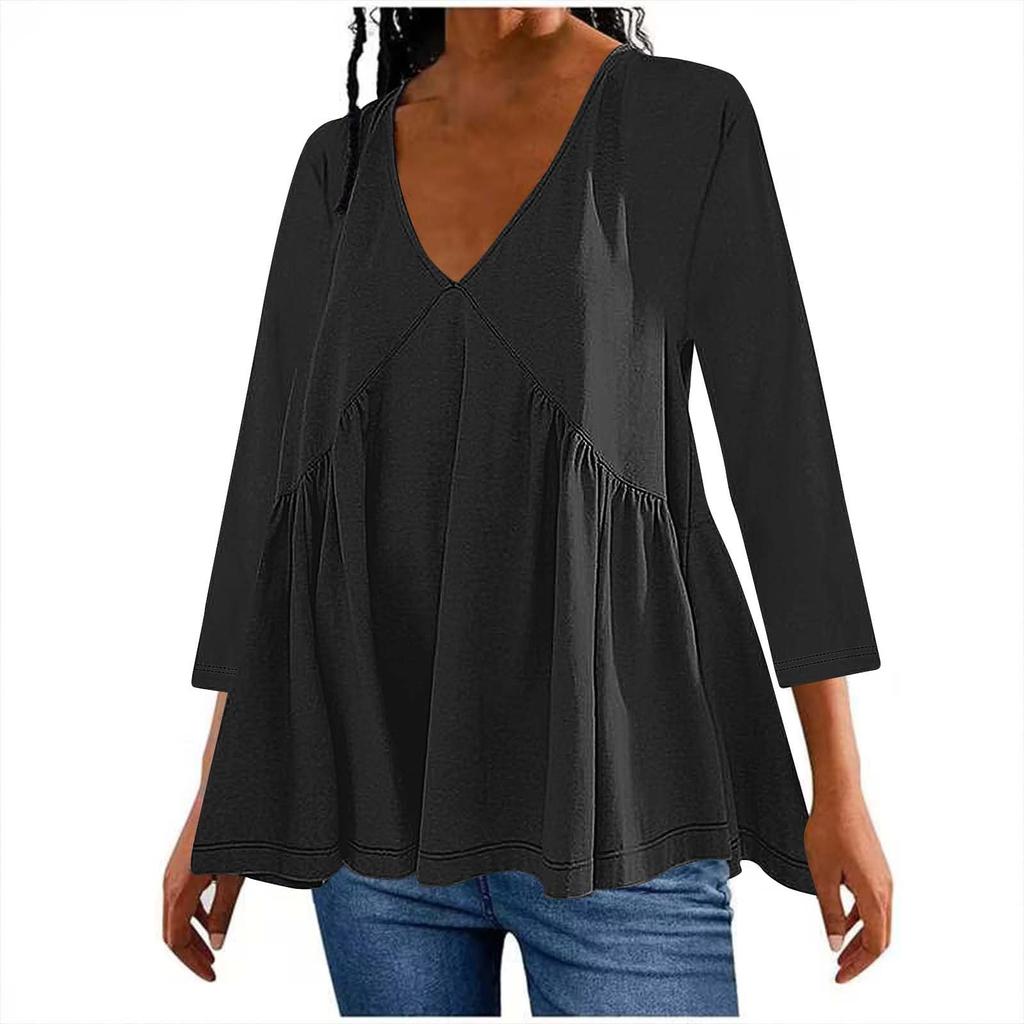 Women's Fashion Casual Solid Colour V-Neck Seven Sleeve Dress T-Shirt Top