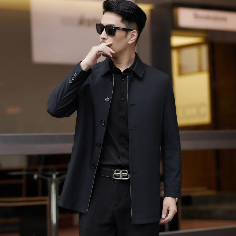 Осенняя ветровка из шелка тутового дерева на пуговицах, мужская куртка средней длины в деловом стиле, повседневная, новая, для пап среднего возраста, топ высокого класса