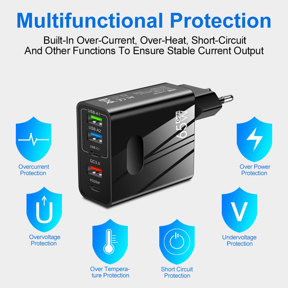 5 портов GaN USB зарядное устройство Quick Charge 3.0 65 Вт Быстрая зарядка телефонов Адаптеры питания для iPhone Samsung Xiaomi PD Type C настенное зарядное устройство
