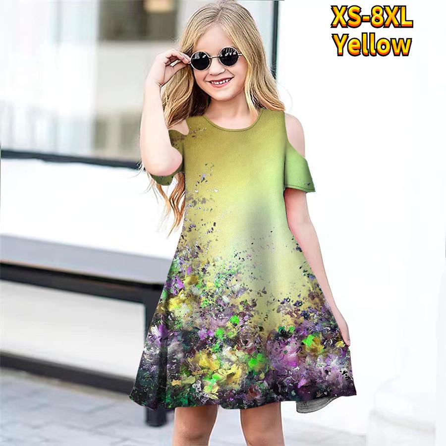 Платья с цветочным принтом для девочек, детское праздничное платье с открытыми плечами для девочек, платье принцессы, платье с короткими рукавами для девочек старше 4 лет