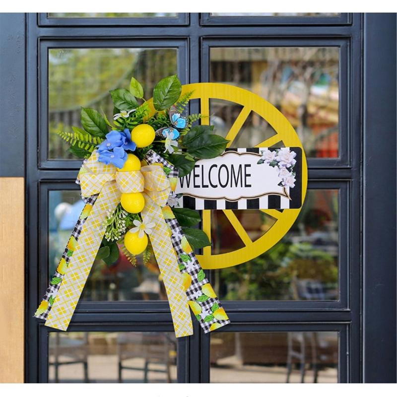 Artificial Spring Wreath with Welcome Wheel, Bowknot Flower Wreath for Front Door, Wedding, Garden Outdoor Decorations