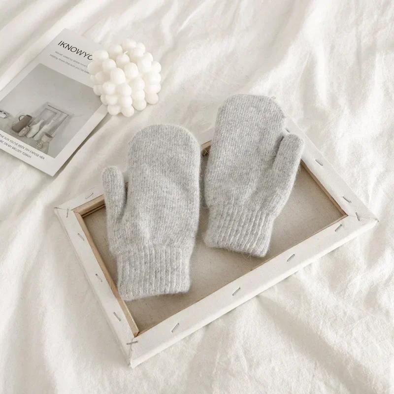 Новые женские зимние теплые перчатки из кашемира, мягкие, с полными пальцами, варежки, перчатки из искусственного меха кролика, вязаные