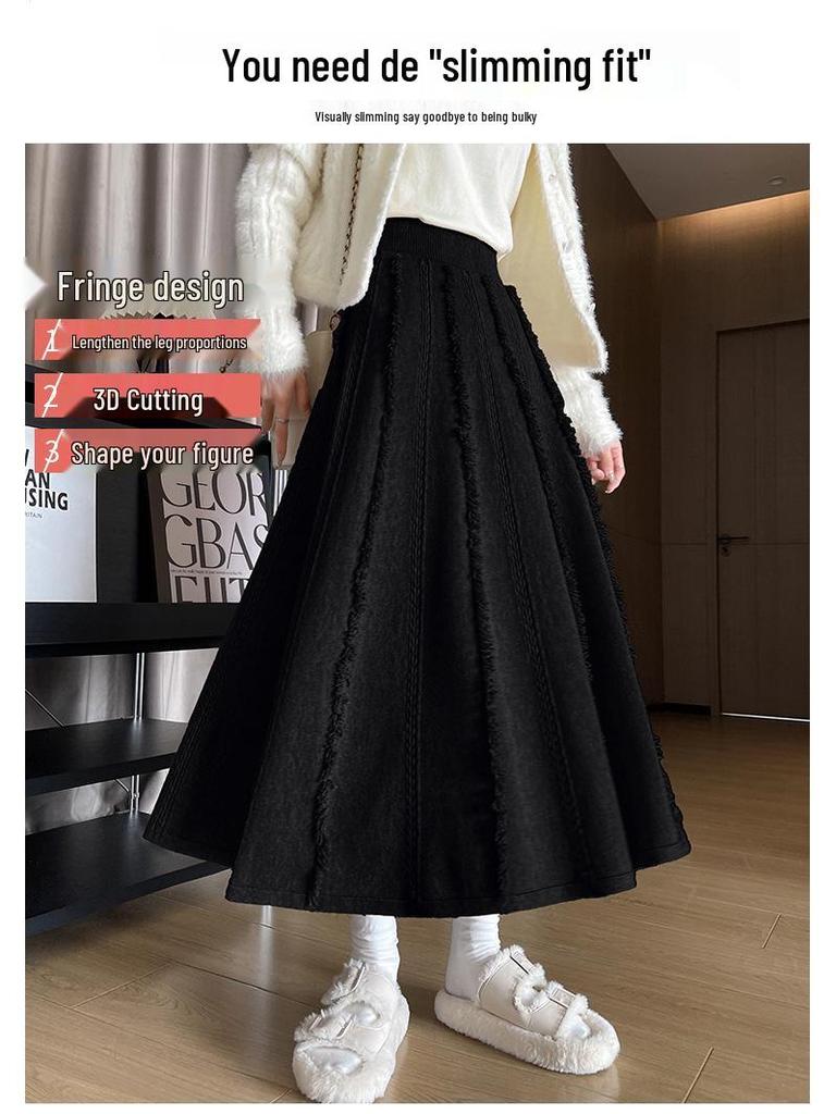 Женская осенне-зимняя белая шерстяная миди-юбка: Завышенная талия, А-силуэт с кисточками