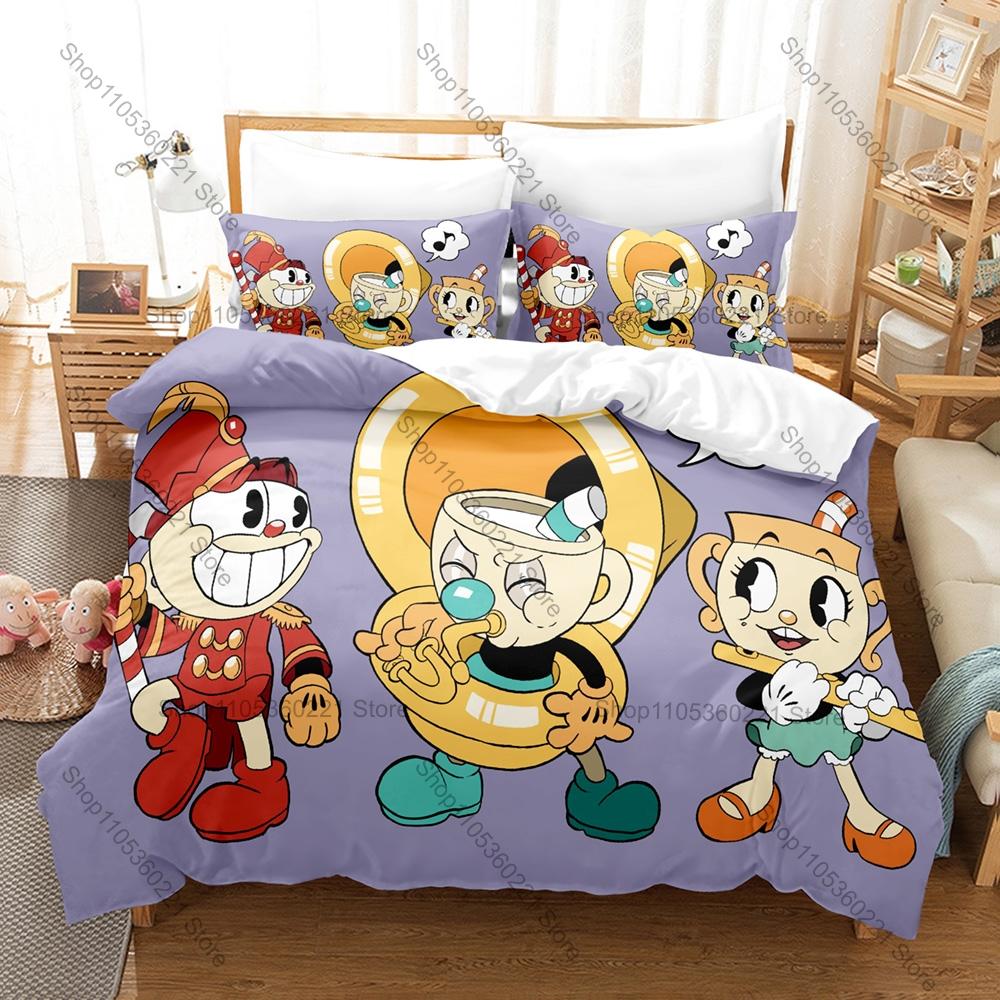 Kawaii Cuphead and Mugman Pattern Bedding Set 3 Piece Duvet Cover with Pillowcase for Kids Adults Bedroom Decor