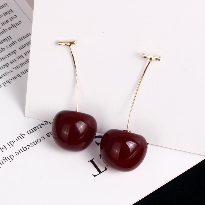 Cute Sweet Simulation Red Cherry Gold Color Fruit Stud Earrings for Women Girl Gift