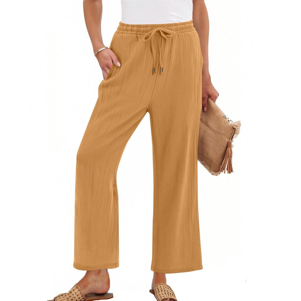 Women's High Waist Adjustable Knot Flowy Cotton And Linen Trousers Wide Leg Pants