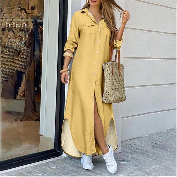 Women Fashion Long Sleeve Plain Shirt Dresses Lapel Collar Button V Neck Slit Irregular Hem Maxi Dress