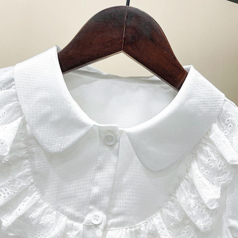 Летняя детская одежда, милые кружевные повседневные топы с короткими рукавами, блузка для детей, модные однотонные рубашки с отложным воротником для девочек
