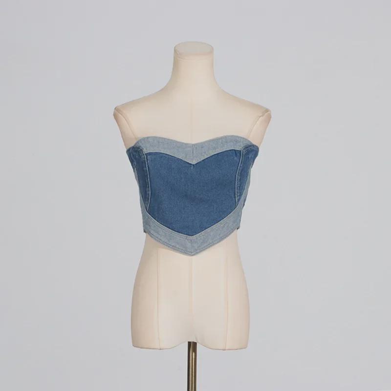 "2025 Spring Women's Sexy Denim Tube Top with Blue Heart Stitching"