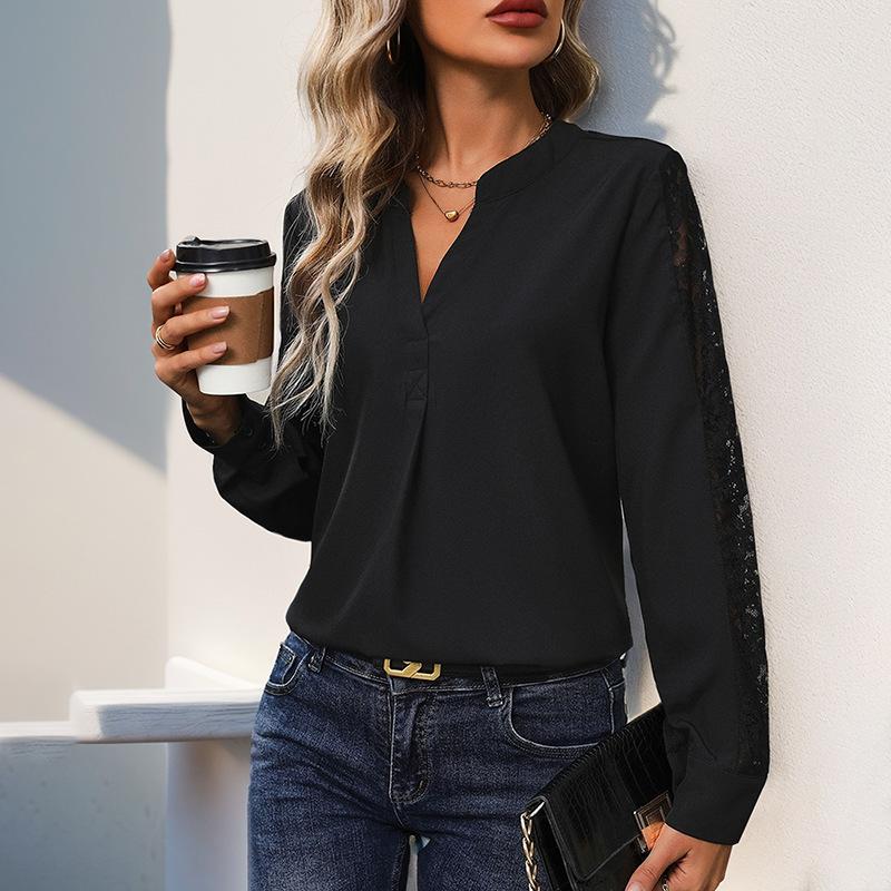 Женская рубашка с длинным рукавом, осень 2025, пуловер с маленьким воротником-стойкой, кружевной вставкой