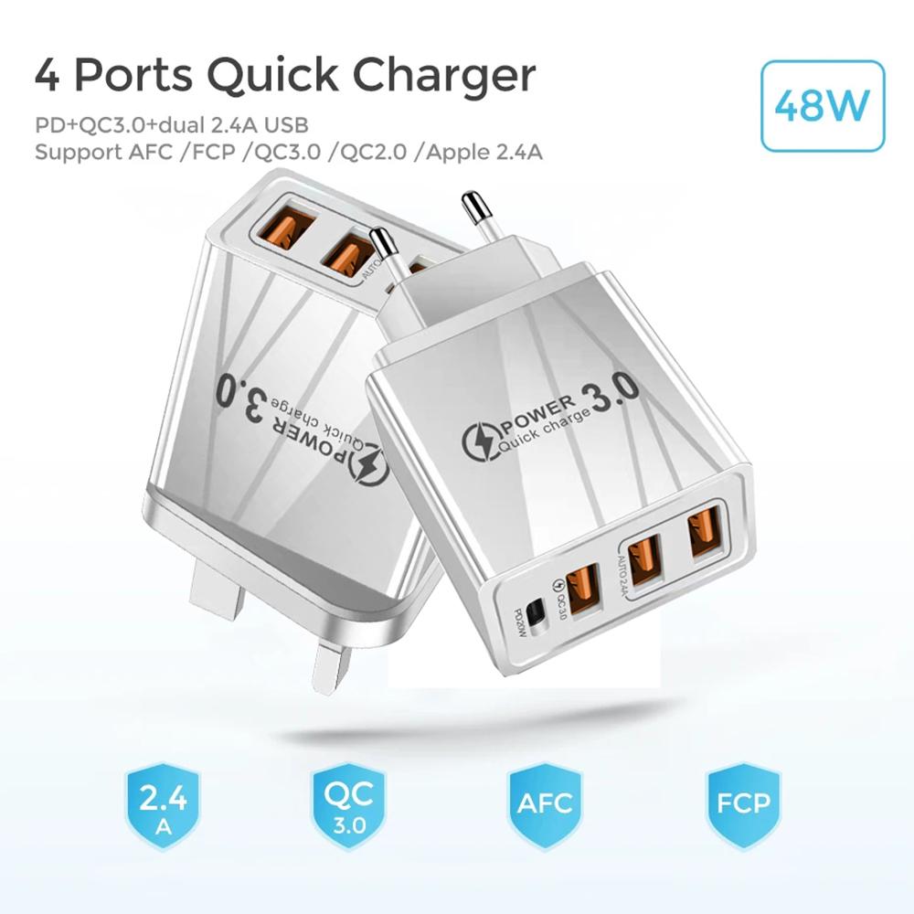 USB 48 Вт QC 3.0 Type C PD Быстрая зарядка для iPhone 12 13 Max Samsung S21 , Xiaomi iphone Портативное зарядное устройство EU US UK AU