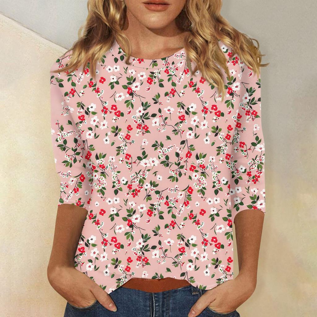 Women's Fashion Casual Three-quarter Sleeve Vintage Floral Print Round Neck Top