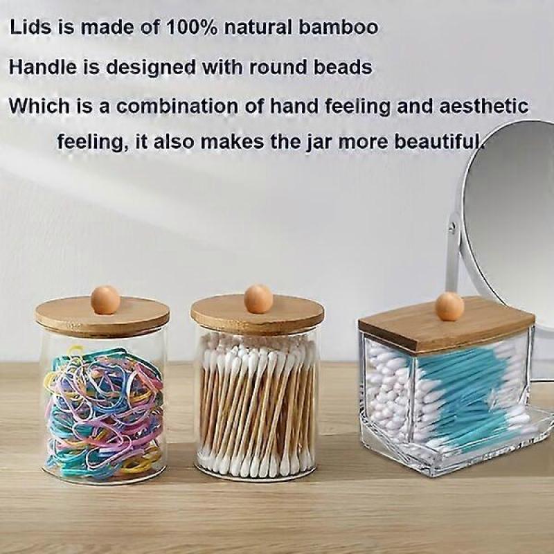 Transparent acrylic cotton ball holder with a bamboo lid for dust prevention, suitable for various spaces