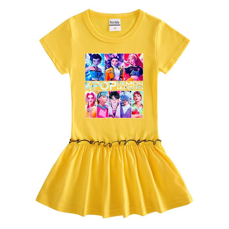 Girls Kpop Rumi Mira Zoey Hunters Print Raglan Sleeves Ruffle Dress