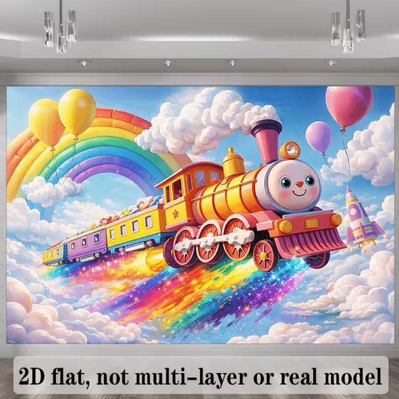 2D Rainbow Cloud Cartoon Train Backdrop Ball Rocket Kids Birthday Photo Banner