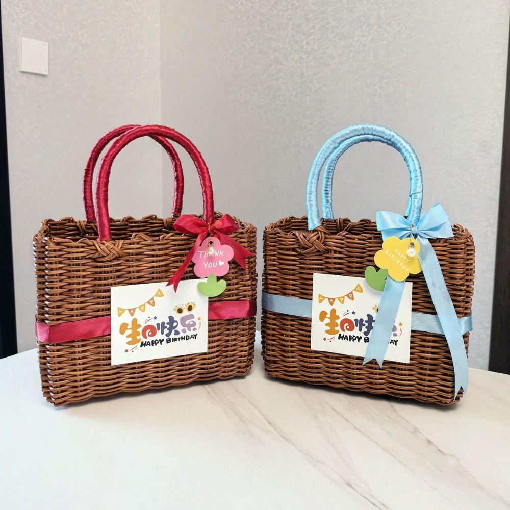 Square Storage Basket Plastic Woven Handbag Creative Hanging Baskets  Flower