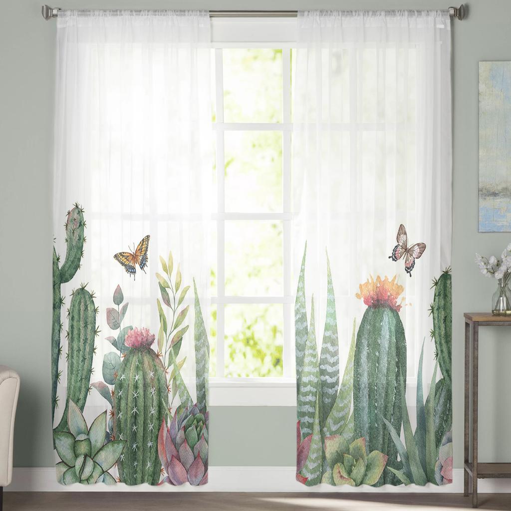 Ins Style Garden Cactus Tropical Plant Sheer Curtains for Bedroom Living Room Voile Window Curtains Tulle Curtains for Kids Room