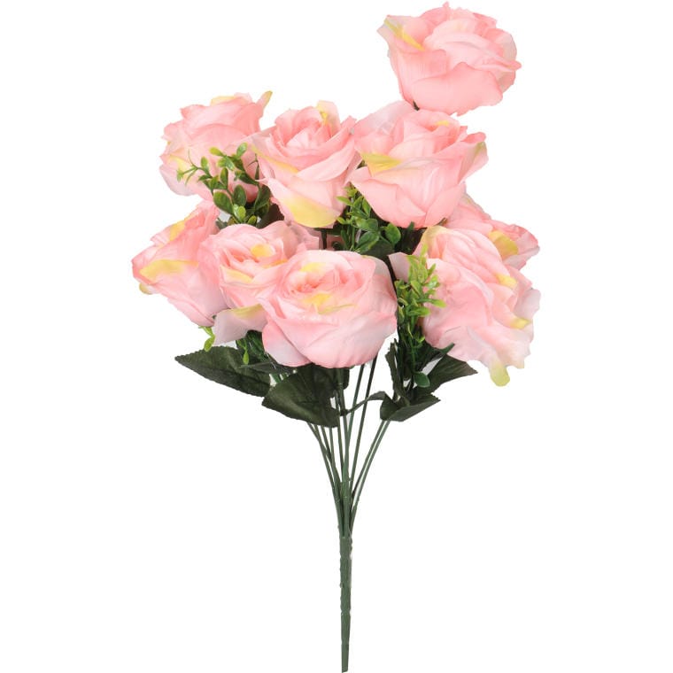 A bouquet of 8 roses with the addition of light pink boxwood