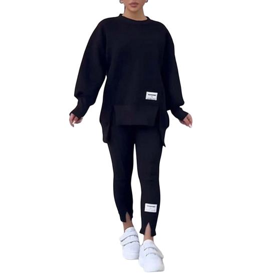 2 Pcs/Set Women Top Pants Suit Round Neck Long Sleeve Slit Hem Sweatshirt Elastic Waist Solid Color Slim Fit Trousers Winter Daily Wear Outfit