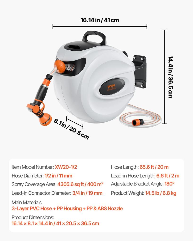 VEVOR Retractable Hose Reel Water Hose Reel 20m x 1.3cm 180 degrees Swivel Wall-Mounted