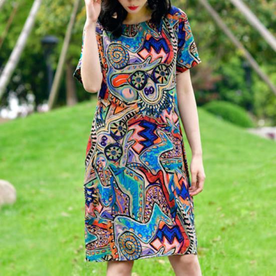 Женское летнее платье с красочным принтом граффити и круглым вырезом с короткими рукавами, свободное до колена и боковыми карманами, пуловер, повседневное платье миди для покупок