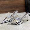 Fashion Patent Leather Metal Buckle Strap Slide Sandals Women Sexy Pointed Toe High Heeled Slippers for Women Elegant Mules Shoe