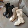 Girls Summer High Boots Kids Hollow Princess Boots Solid Black Fashion Children Catwalk Boots Breathable Non-slip Leather 2024