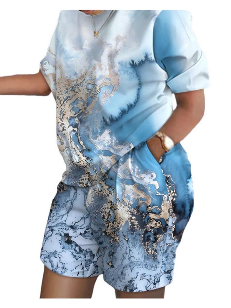 Casual Women's 2-piece 3d Printed Fashionable Short Sleeved Top and Shorts Set Oversized Loose and Simple 2-piece Set