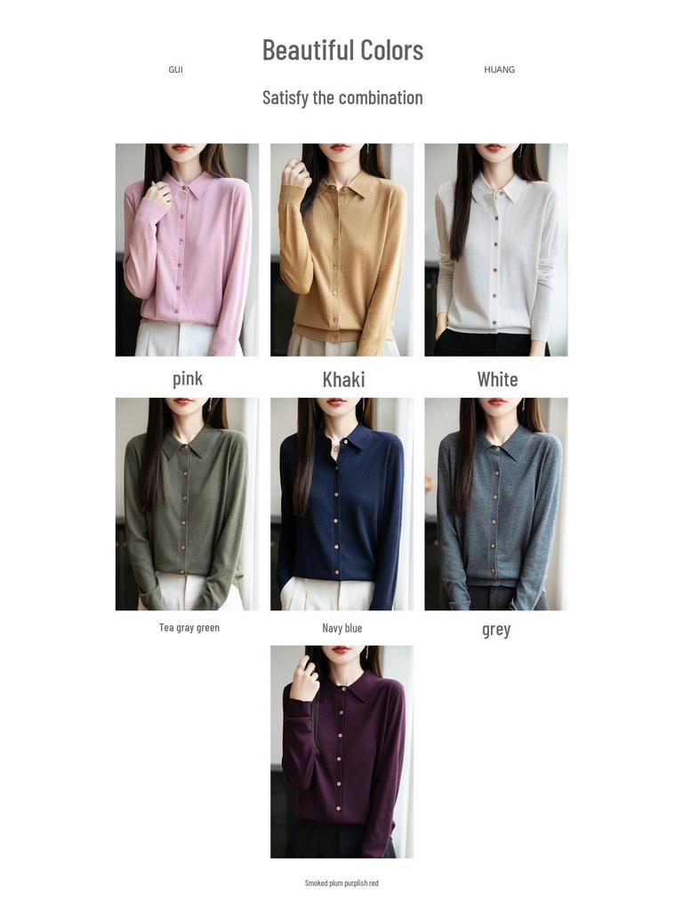 Женский вязаный кардиган на начало осени: Свитер-топ с воротником поло и длинными рукавами