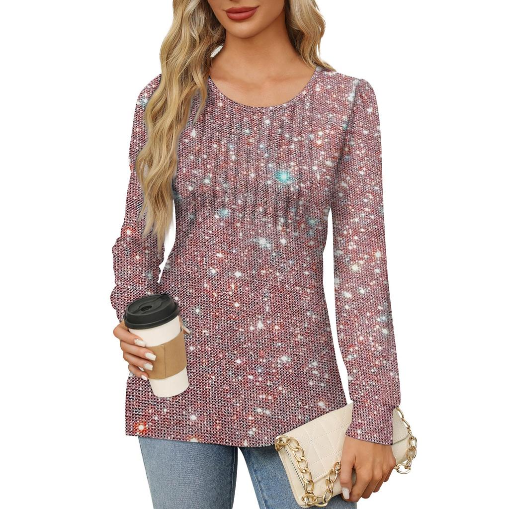 Женская повседневная плиссированная футболка с круглым вырезом и длинными рукавами с принтом