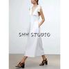 Spring and Summer New Women's Clothing Pleated Decorative Deep V Neck Bowknot Decoration Poplin Midi Skirt Dress 0881334