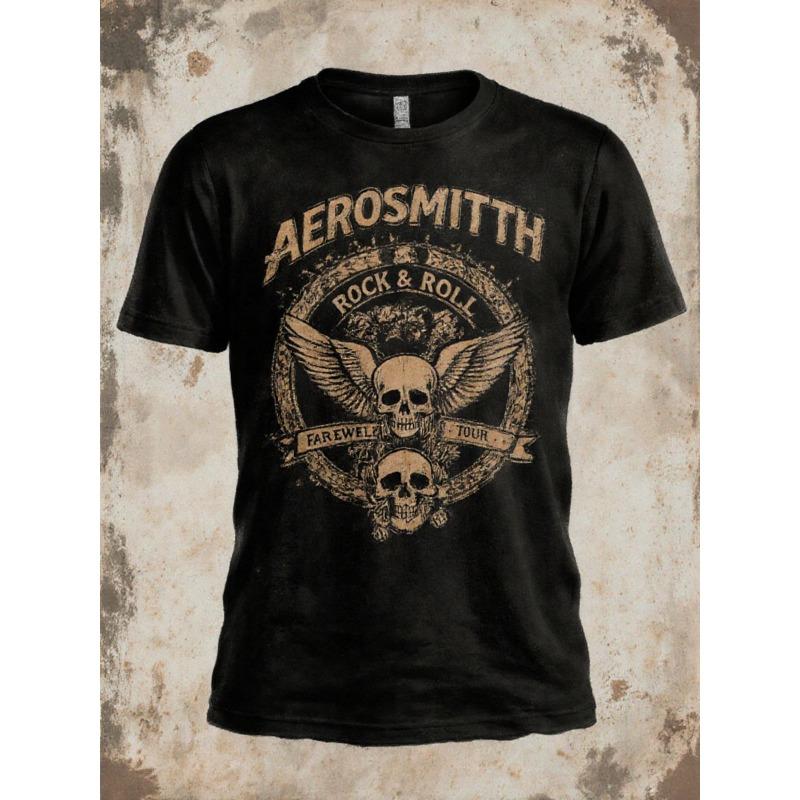 European sizes Vintage Distressed Black T-Shirt with Golden-Brown Rock & Roll Design - Featuring Bold Skull and Wings Artwork,