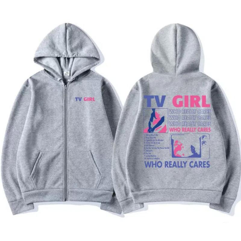 Men Women TV Girl Who Really Cares Graphic Print Zipper Hoodie Fashion Casual Oversized Jacket Fleece Long Sleeve Sweatshirts