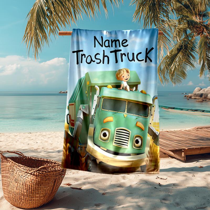 Custom Name Ultra-Soft Beach Towel with Trash Truck Theme,Ideal for Pool - Camping, Diving - Perfect Travel Essential, Vibrant Beach Towel.