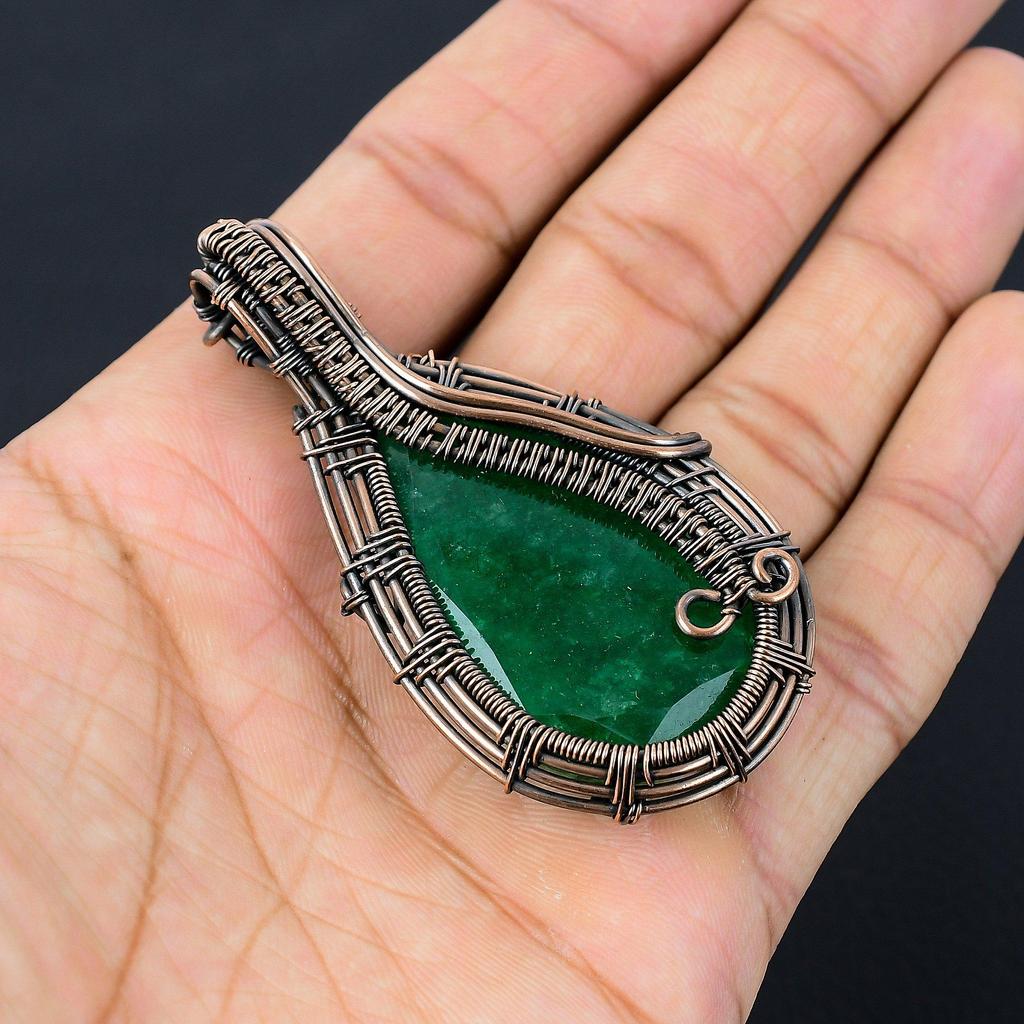 Lab-Created Emerald Gemstone Pure Copper Wire Wrapped Handmade Pendant Jewelry