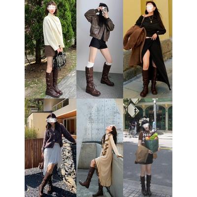 Версия из коровьей кожи~ ретро коричневая пряжка ремня с локомотивом, женские длинные сапоги на толстой подошве и толстом каблуке, с широким голенищем до колена, сапоги-рыцари