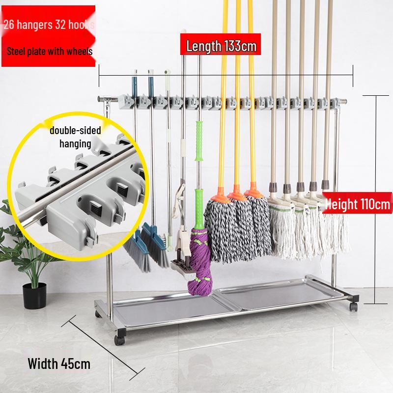 Stainless Steel Floor-standing Mop and Broom Rack with Balcony Storage