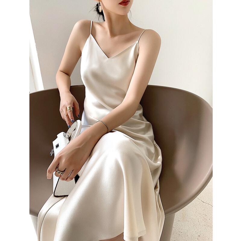 Demana Elegant Glossy Satin V-Neck Midi Slip Dress