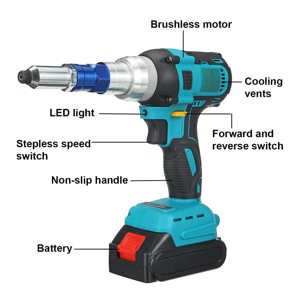 10000N щеточный электрический пистолет для заклепок, беспроводной пистолет для заклепок, гайка, дрель, клепальный инструмент, отвертка 2,4-5 мм для батареи Makita 18 В