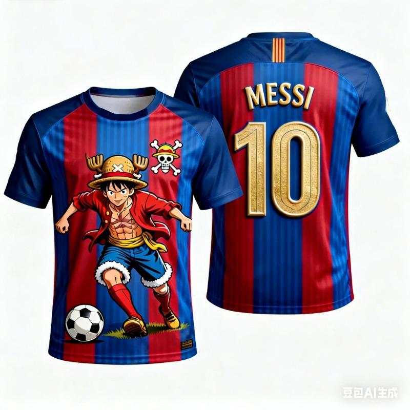One Piece Luffy x Messi Football Jersey, Anime PrintedShort Sleeve T-Shirt For Sports Fans Casual Street Daily Wear