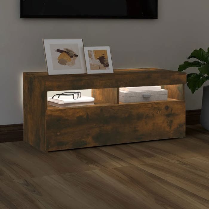 VidaXL Meuble TV avec lumières LED Chêne fumé 90x35x40 cm, meuble TV avec lumière LED, support tv, armoire média, meuble TV 815675