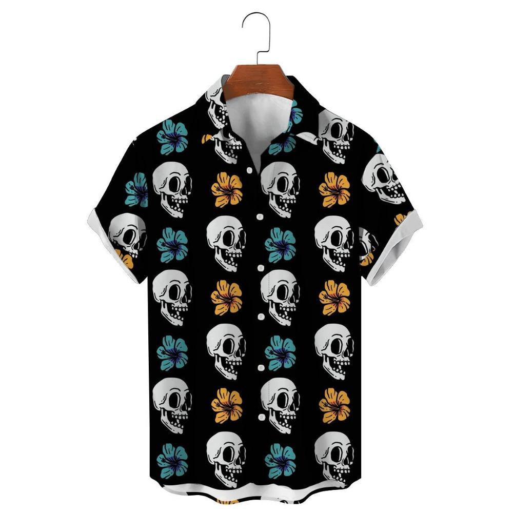 Модные мужские рубашки с цветочным принтом в виде черепа, забавный 3D-принт черепа, уличная одежда, футболки с коротким рукавом, гавайские рубашки с принтом на лацканах для мужчин