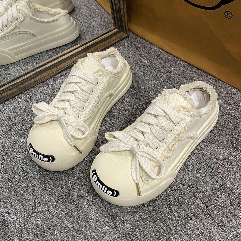 Open Smile Half Tray Bag Head Little White Canvas Shoes Women's 2024 Summer New Versatile Thick-soled Lazy Casual Cool Slippers