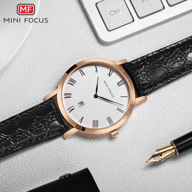 MINI FOCUS Простые мужские часы с календарем, водонепроницаемый кожаный ремешок, кварцевые часы, мужские кварцевые часы