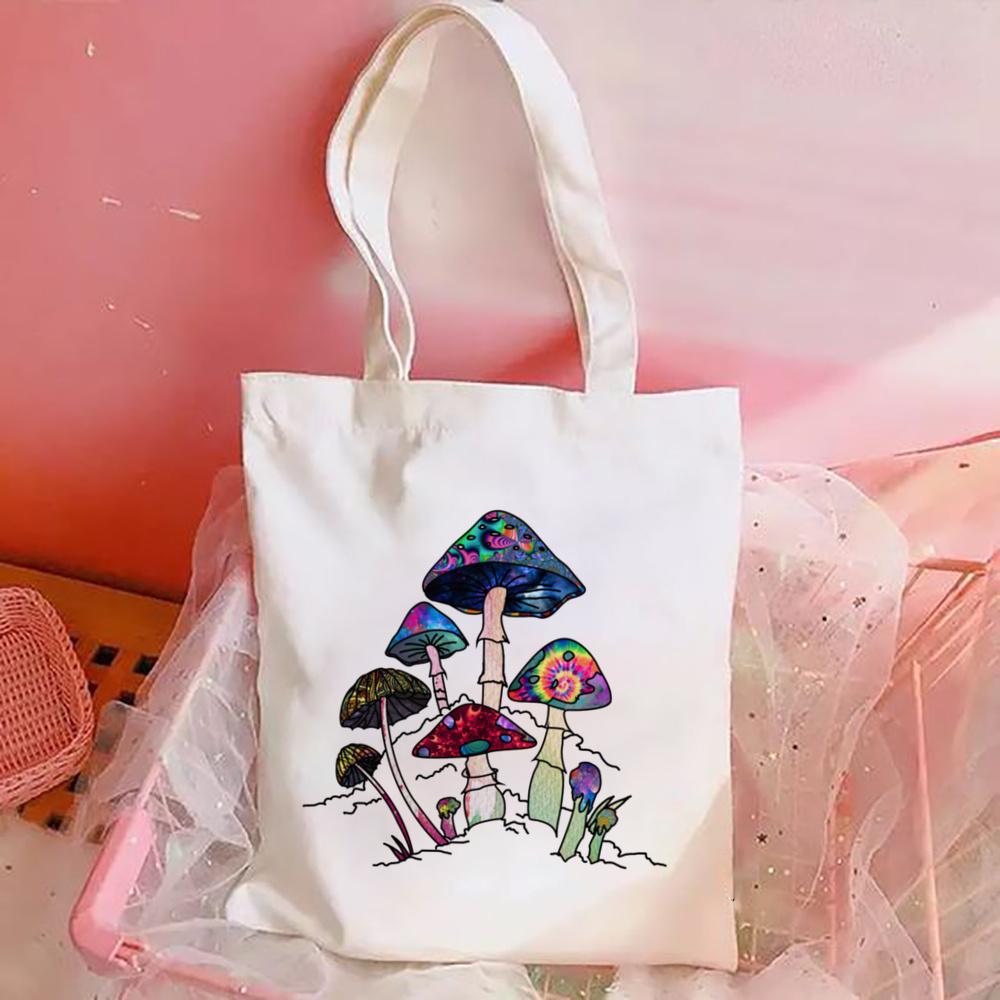 Women Canvas Shoulder Bag London Colorfull Mushroom Print Ladies Casual Handbag Tote Bag Reusable Large Capacity Cotton Shopping Beach Bag