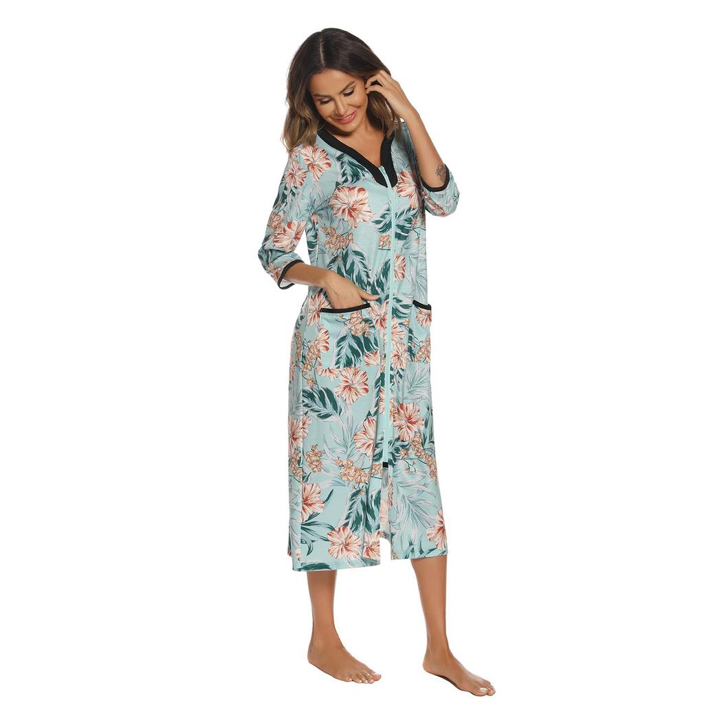 Women’s Robes Printed V Neck 3/4 Sleeve Dressing Gown Spring Autumn Pajamas Nightgown Casual Home Wear Zip Up Long Bathrobes