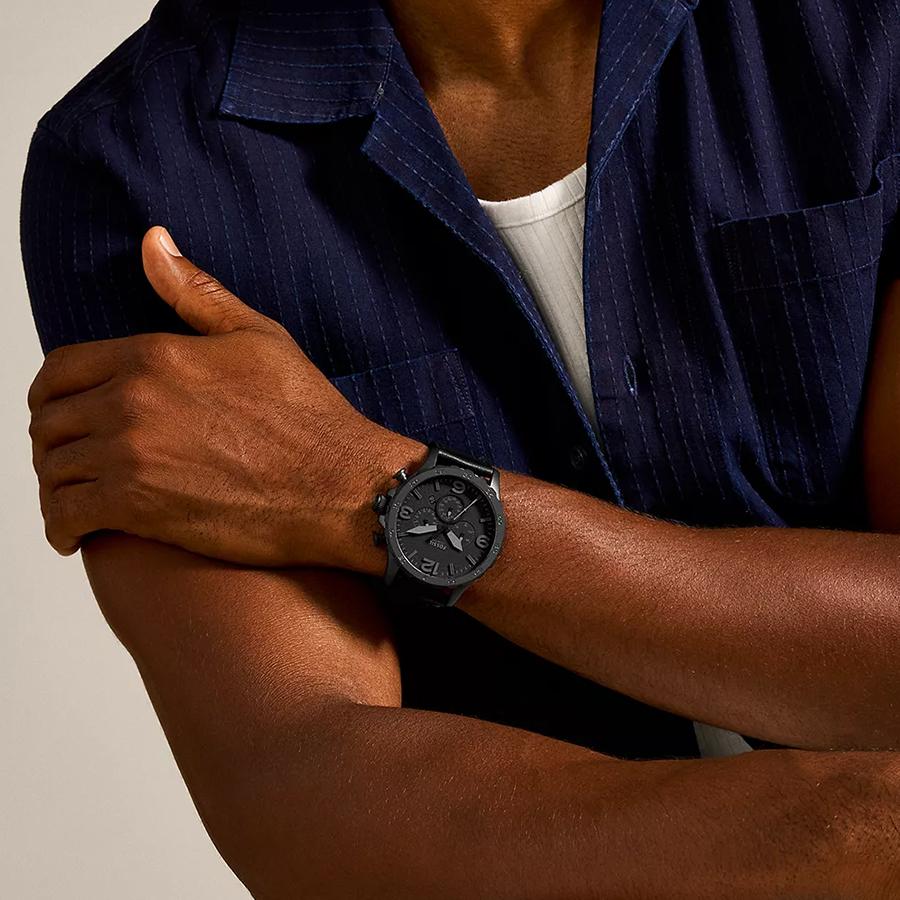 Fossil Мужские часы Nate из нержавеющей стали, кварцевые, с черным кожаным ремешком, хронограф JR1354