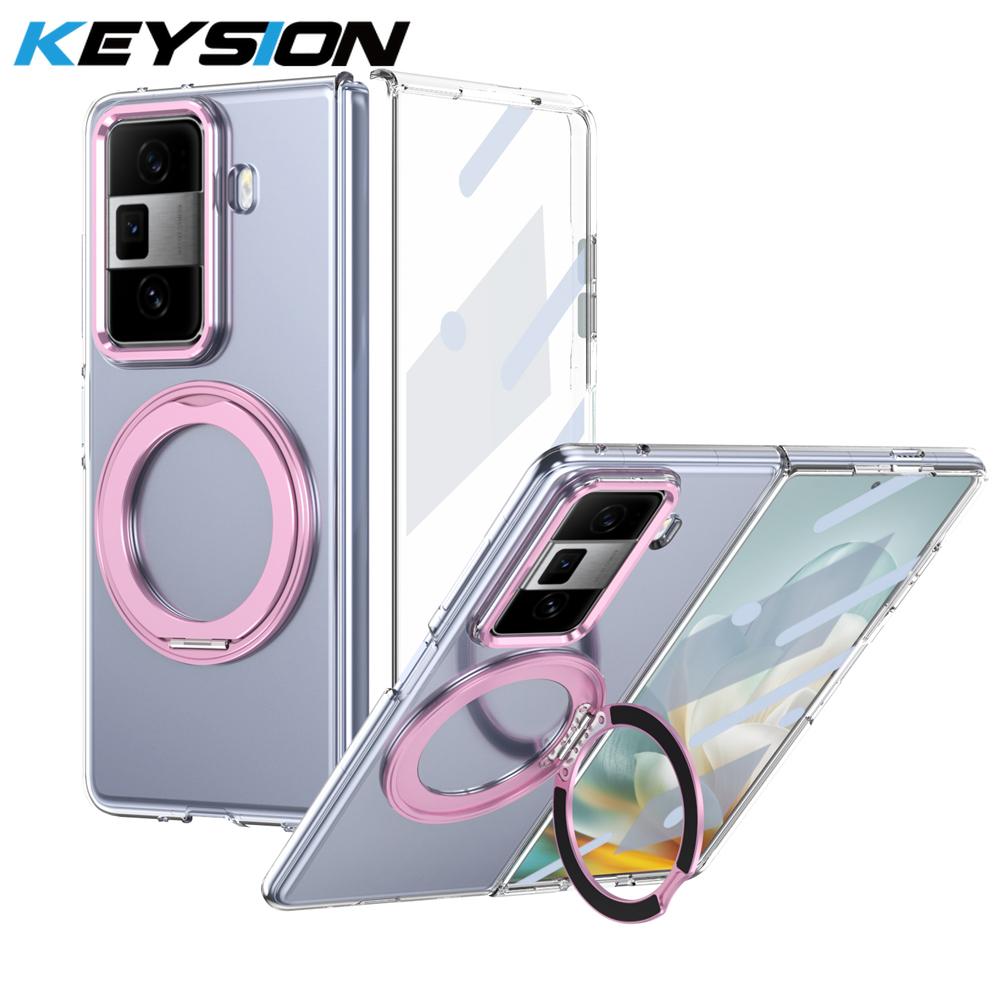 KEYSION Вращающийся на 360° магнитный чехол-подставка с кольцом для HONOR Magic Vs3, прозрачный жесткий чехол для ПК-телефона со стеклянным защитным экраном