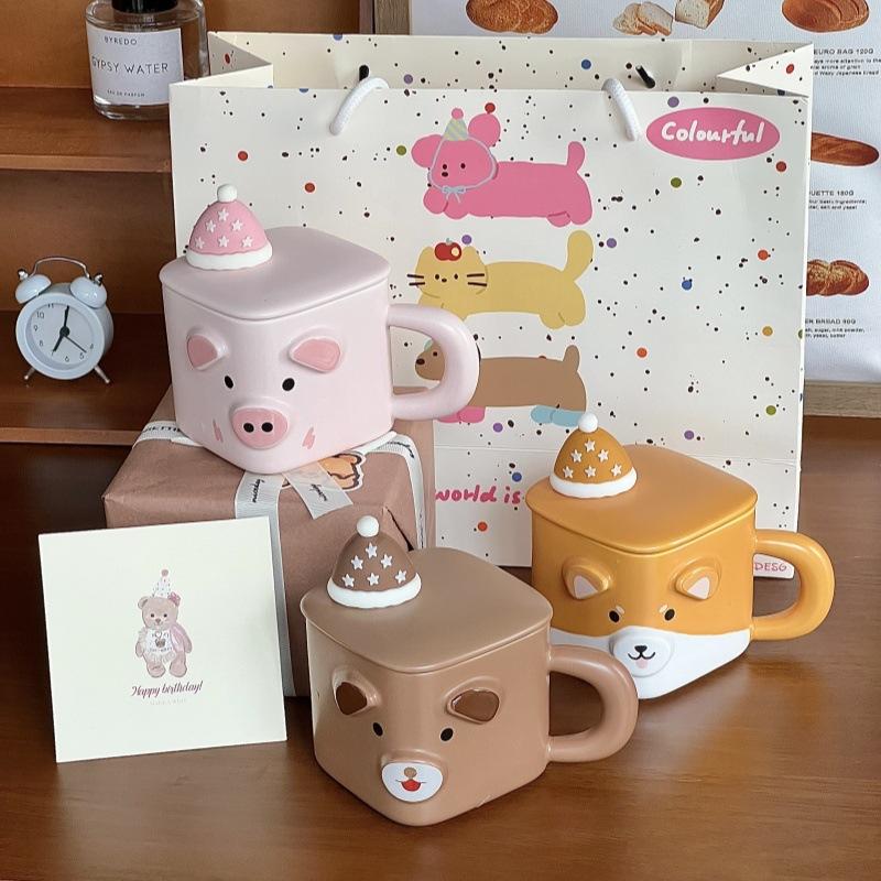 Birthday Gift for Girls, Bear with Lid Spoon, Ceramic Mug, Couple Coffee, Water Cup, Gift