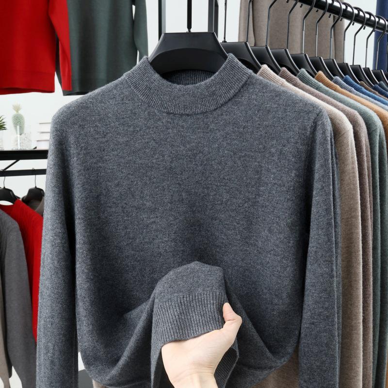 2024 Men's Pure Wool Half-High Neck Sweater, Autumn Winter Knitwear, High-End Casual Base Layer